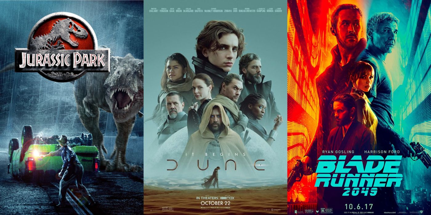 Split image of Jurassic Park, Dune, and Blade Runner 2049 posters.