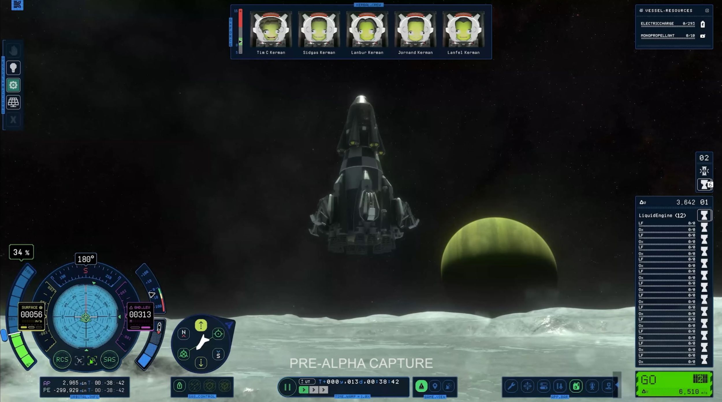 Uma captura de tela Pre-Alpha do novo Kerbal Space Program 2, apresentando um foguete pousando em uma lua com todos os controles para monitorar e os 5 Kerbonauts a bordo 