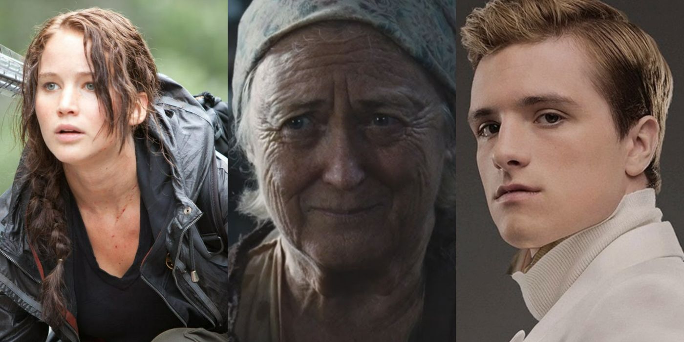 A tri-split image showing, from left to right, Katniss, Greasy Sae, and Peeta from the Hunger Games.