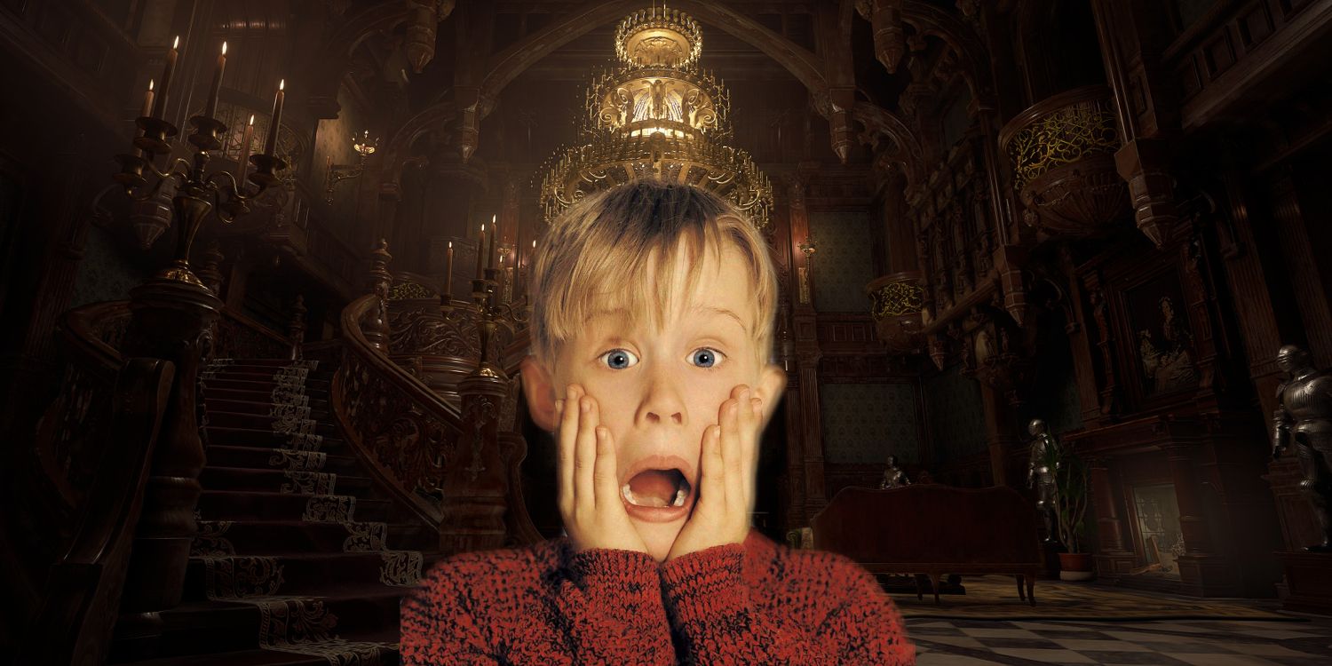 Kevin McCallister from Home Alone in his iconic screaming pose in front of a Resident Evil Village screenshot of Castle Dimitrescu