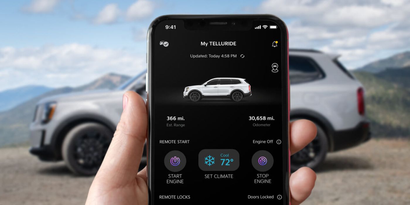 O aplicativo Kia Connect exibido em um smartphone.