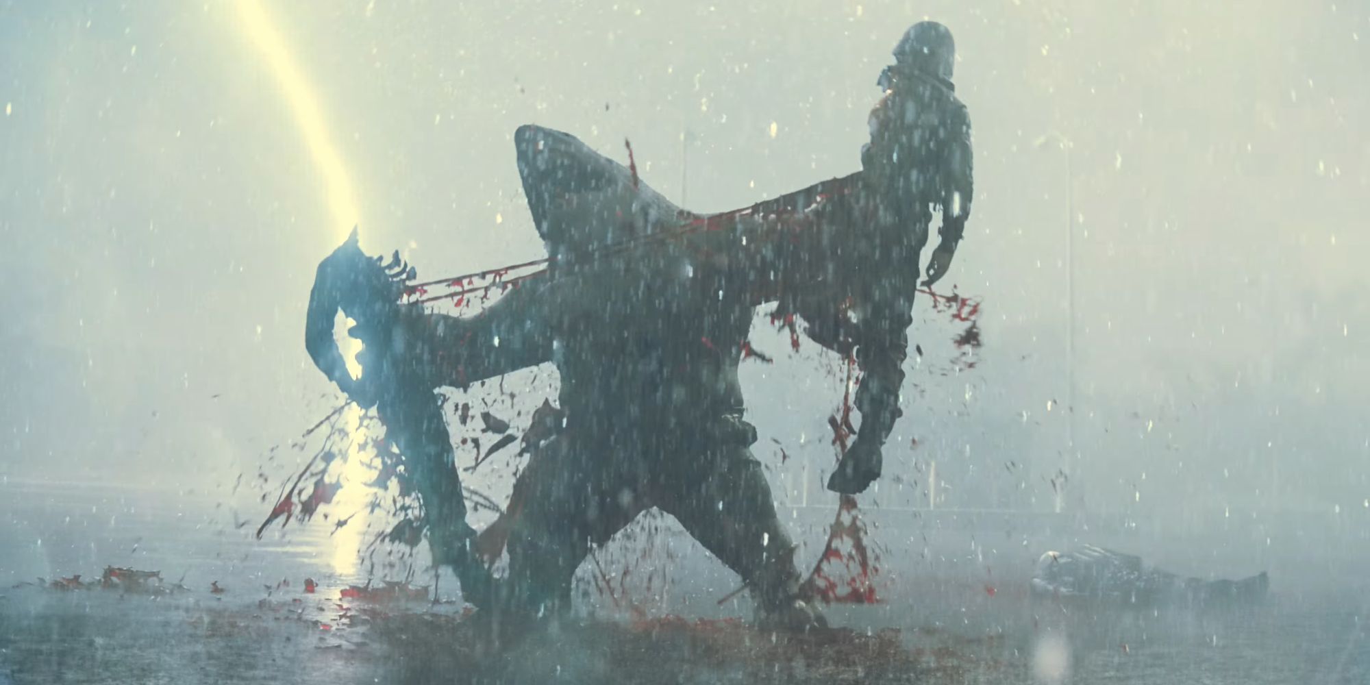 King Shark pulling apart a soldier in James Gunn&rsquo;s The Suicide Squad (2021)