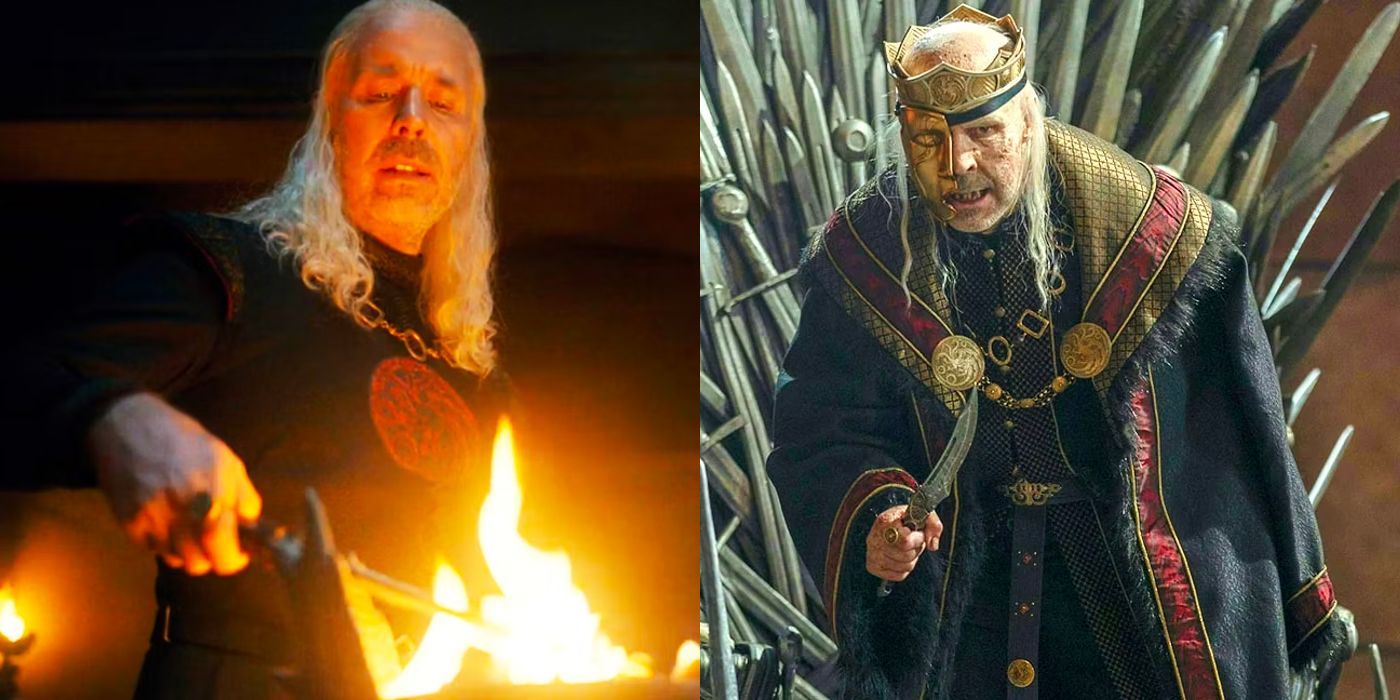 A split image showing King Viserys Targaryen in House of the Dragon
