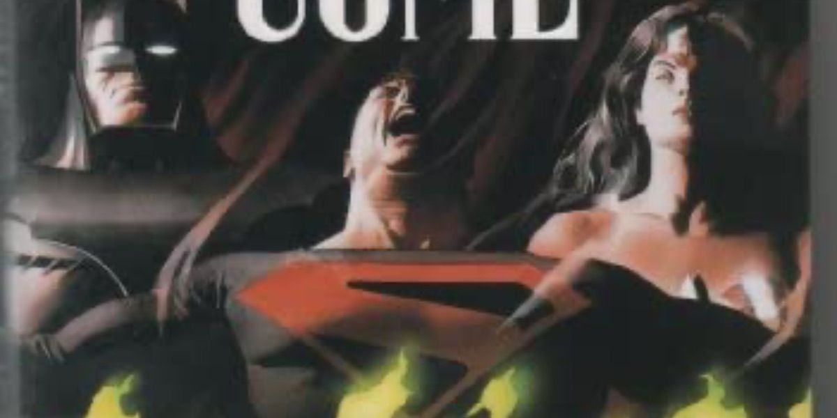 Batman, Superman, and Wonder Woman look on from the cover of Kingdom Come
