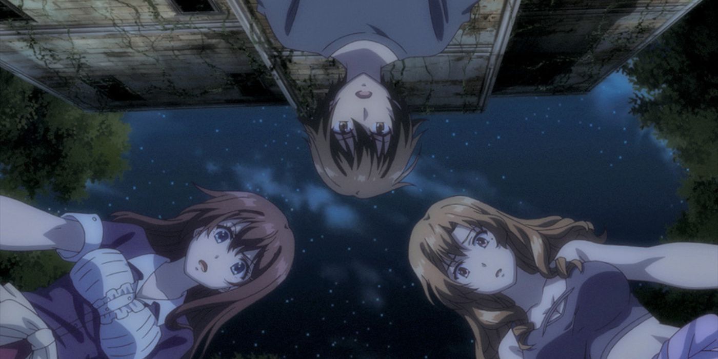 Três personagens olhando para baixo com expressões chocadas no anime King's Game The Animation.