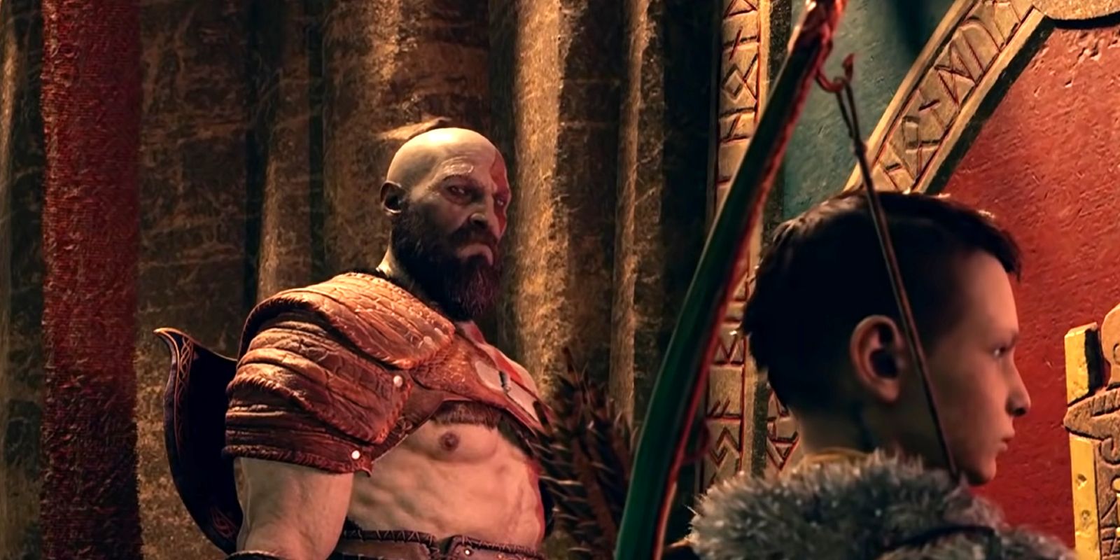 Kratos olhando para Atreus no final de God of War