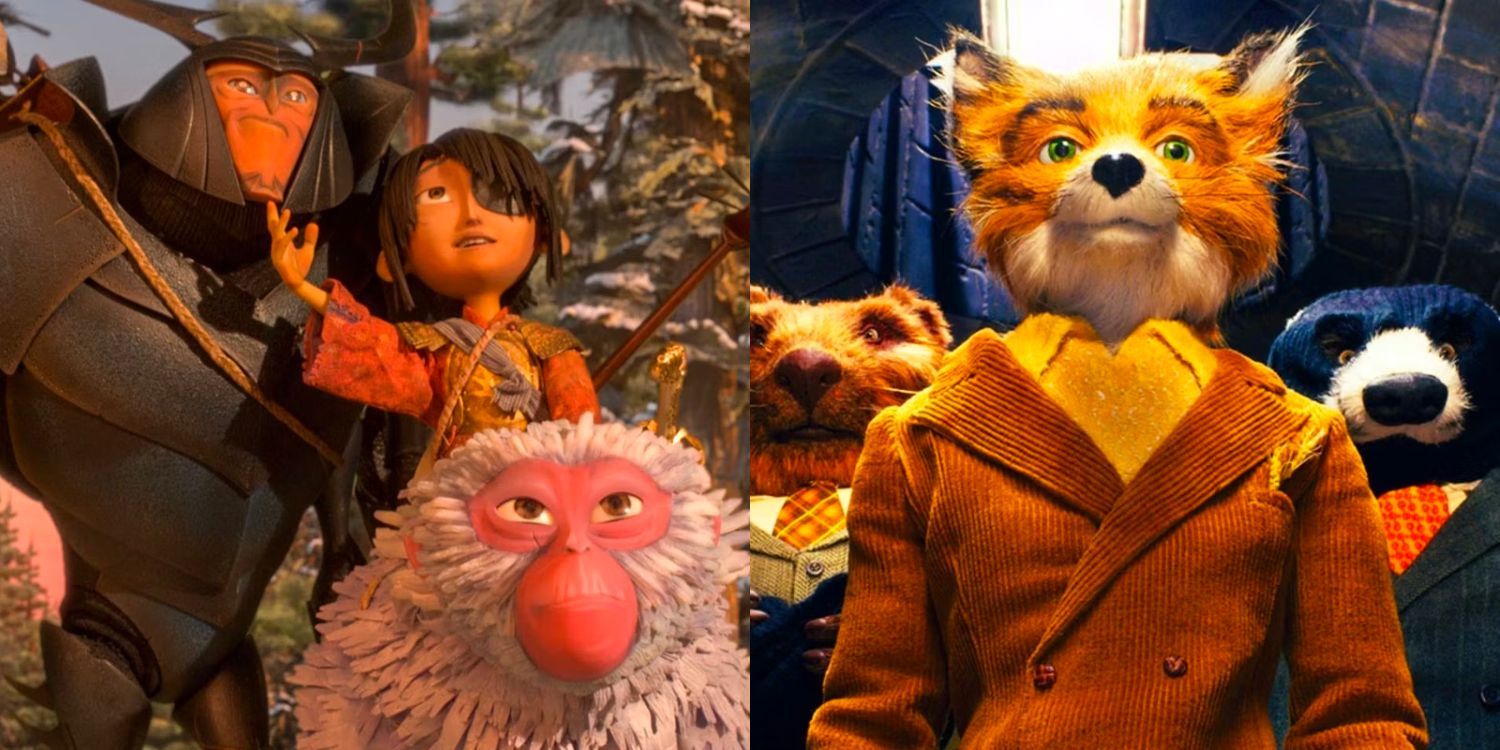 Kubo with two monkeys and Mr Fox staring down at the camera