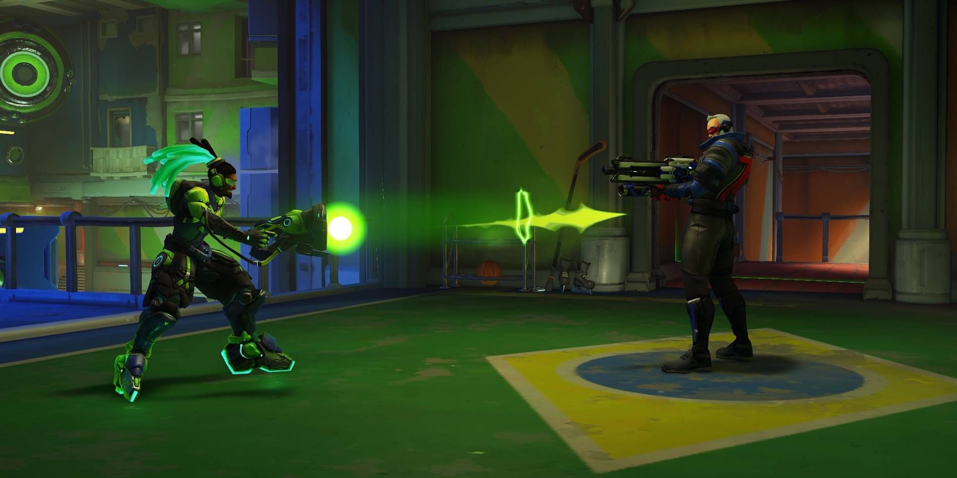 Overwatch 2 Lucio in Training Mode Attacking Soldier 76 Using Sonic Amplifier Shots