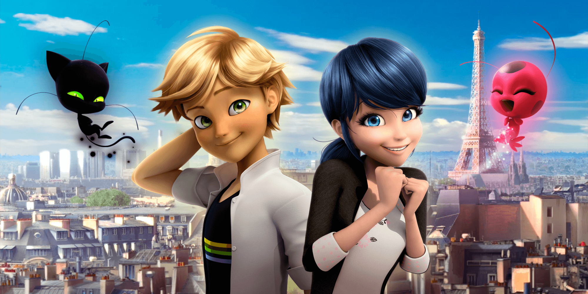 Marinette and Adrien with Plagg and Tiki in artwork from a Miraculous Ladybug title card