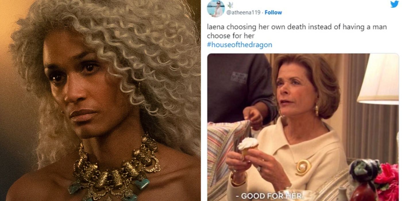 Image of Laena Velaryon alongside a meme about her choosing her own death in House of the Dragon.