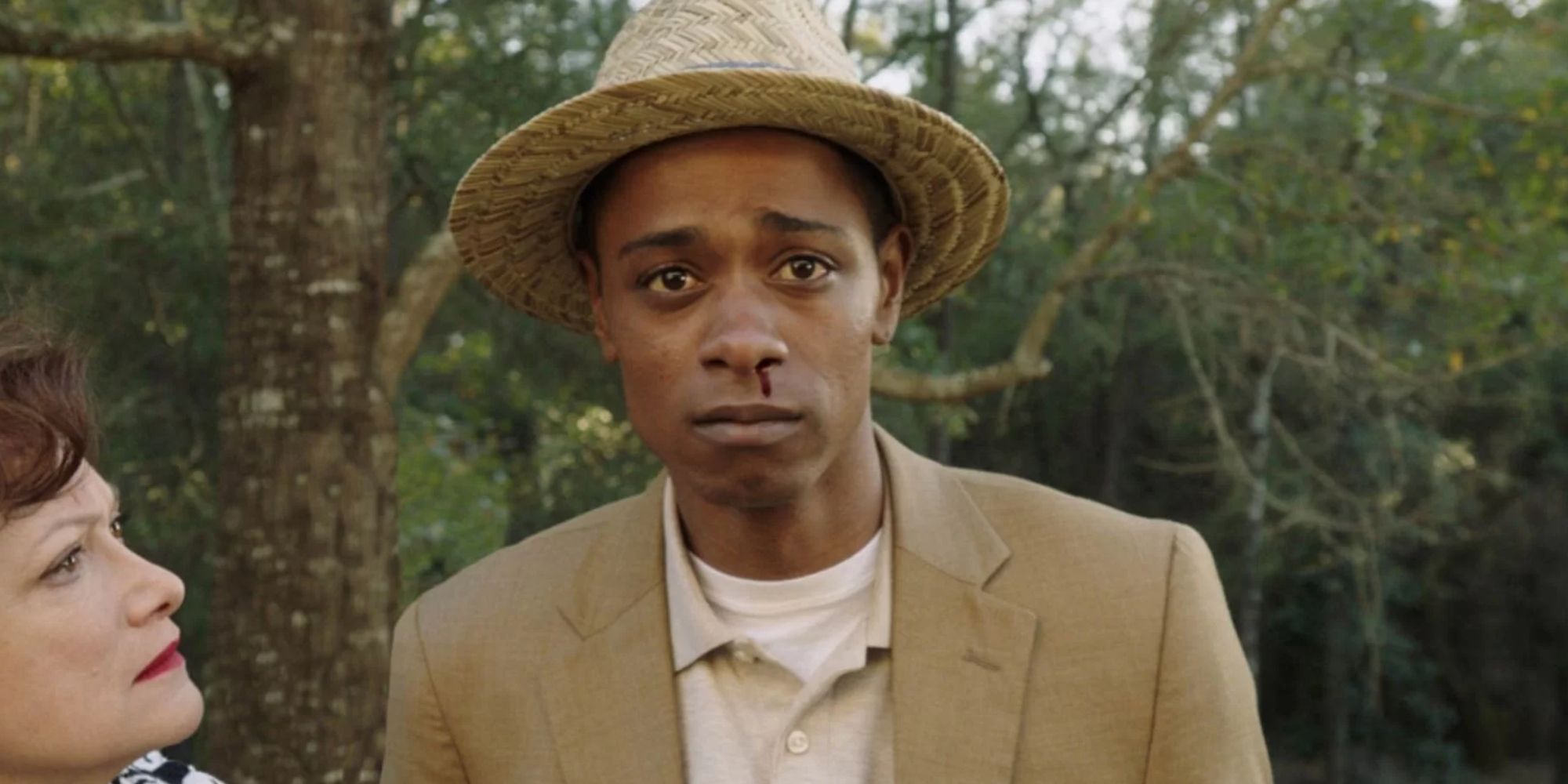 Lakeith Stanfield with a bloody nose in Get Out