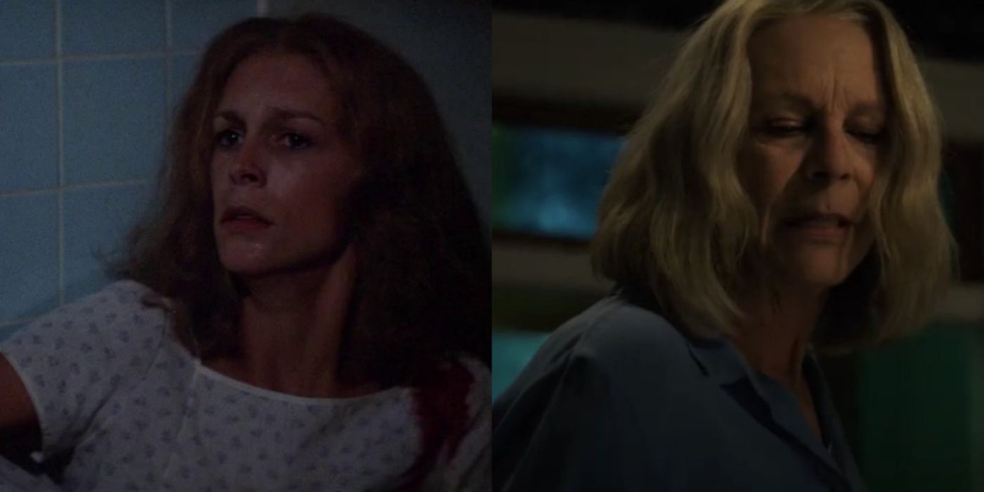 Split Image: Laurie Strode in Halloween II (1981) and Laurie Strode in Halloween Ends. 
