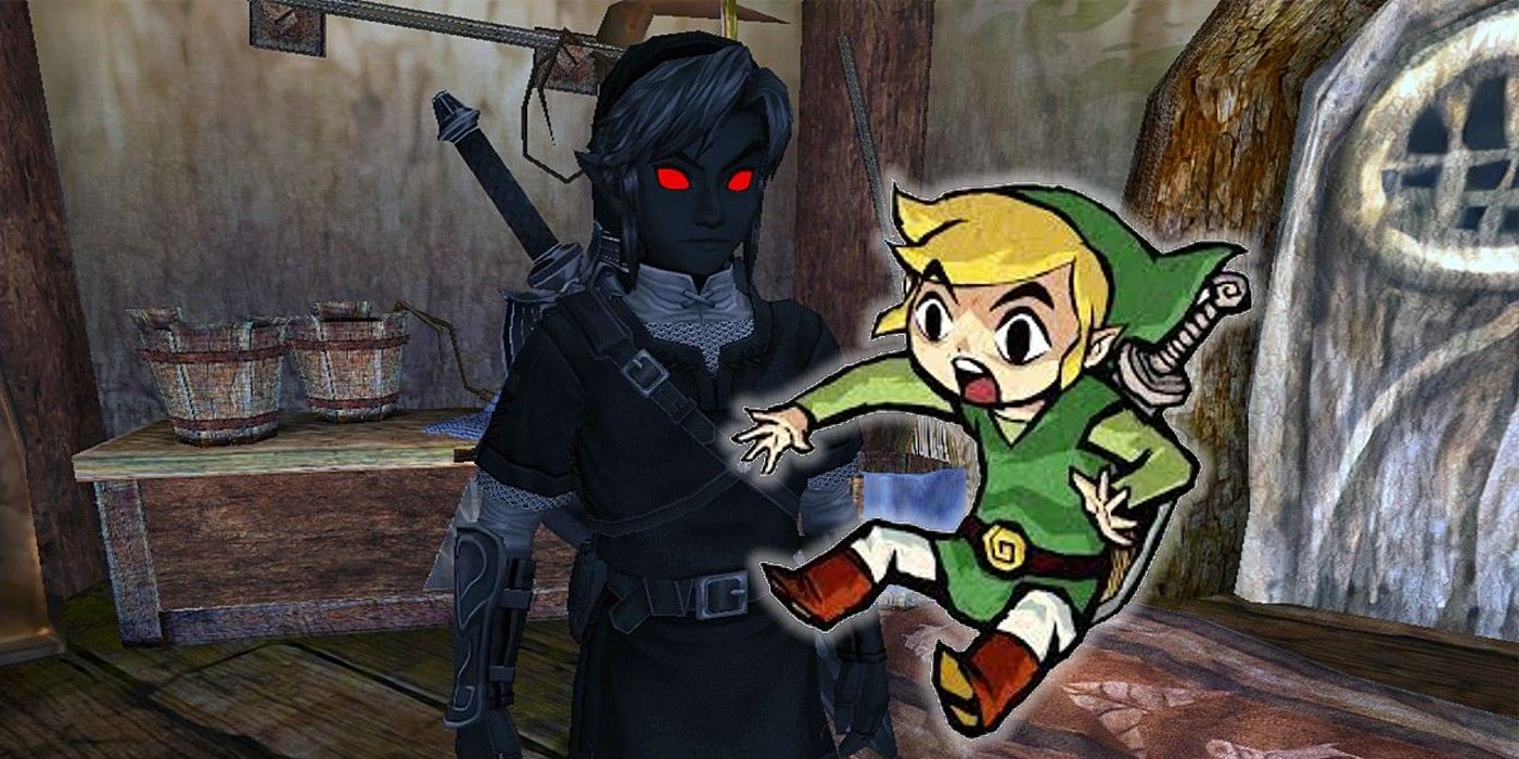 Dark Link, in the guise from BOTW, stands next to a surprised Wind Waker Link.