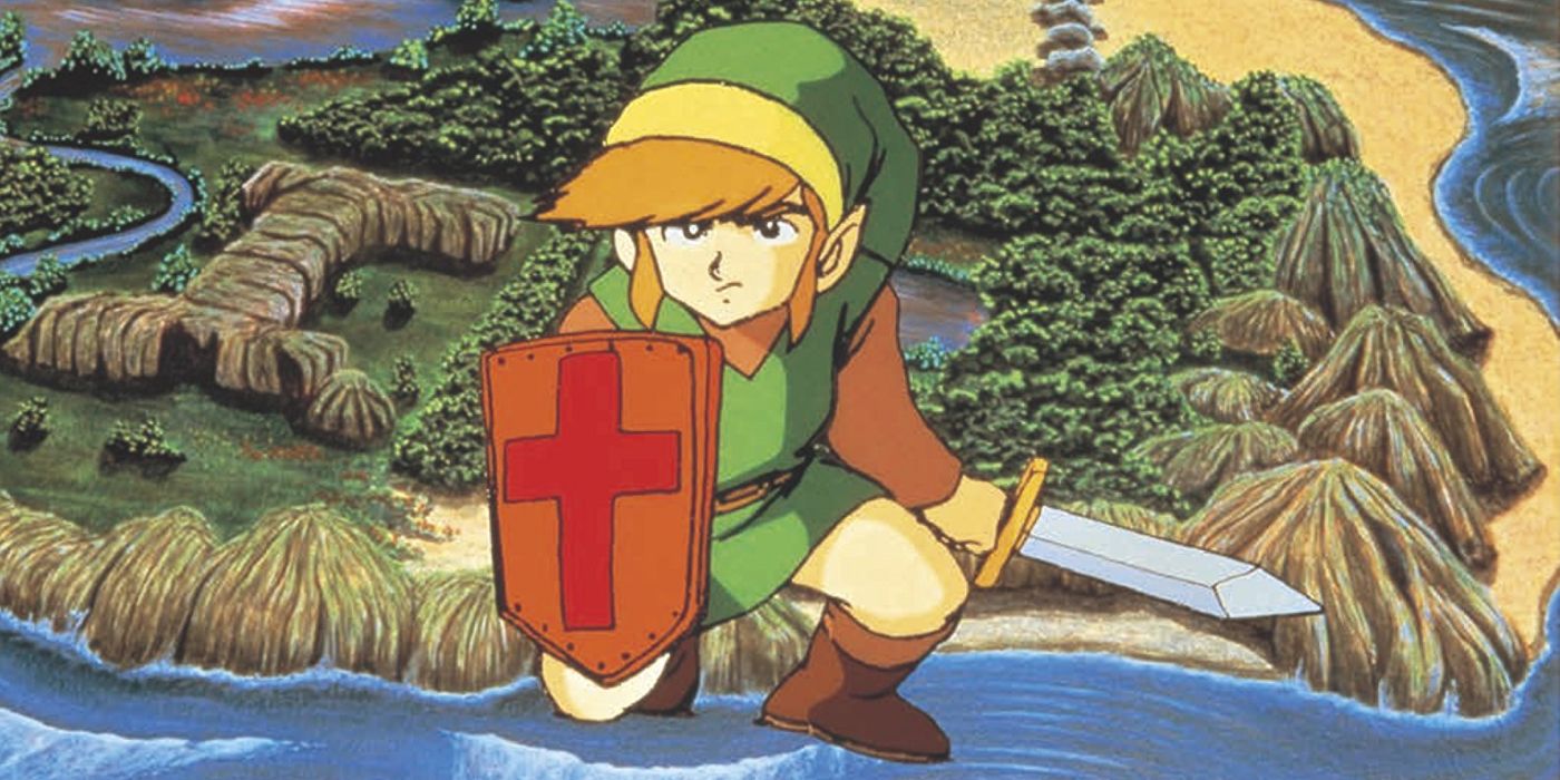 Promotional image from the original Legend of Zelda, with Link in front of an aerial view of Hyrule.