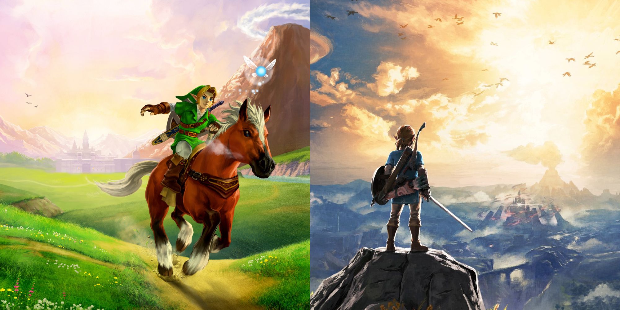 Promotional artworks for The Legend of Zelda: Ocarina of Time and Breath of the Wild.