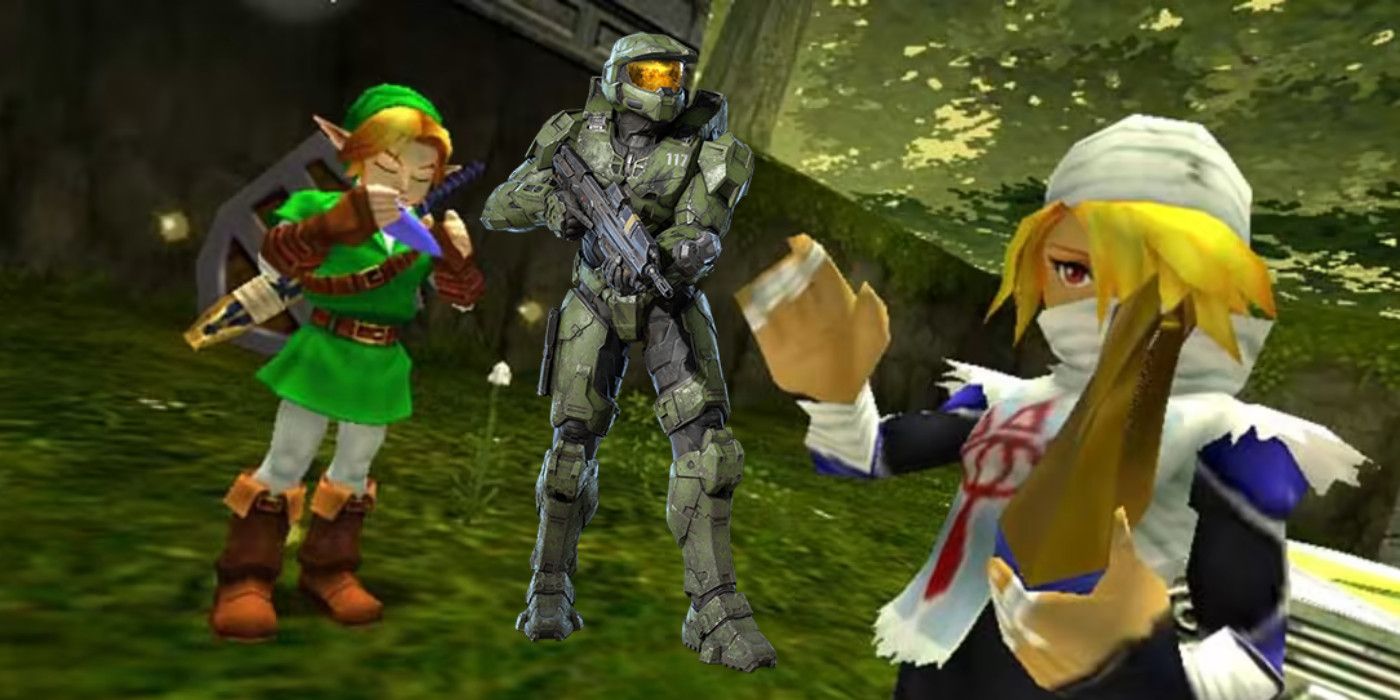 Screenshot from Ocarina of time featuring Link and Sheik playing music, with Halo Infinite's Master Chief in the middle