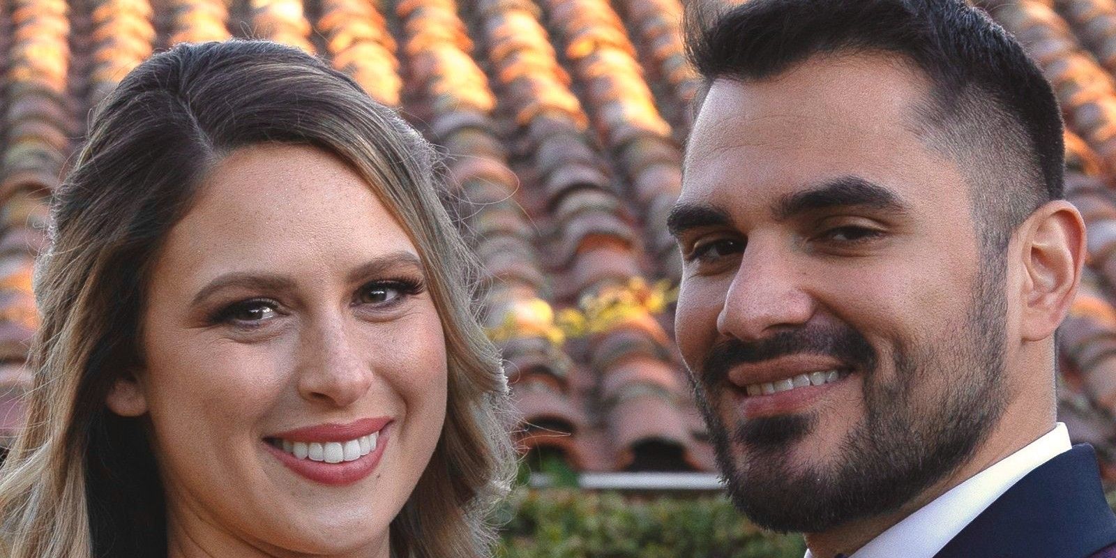 Lindy and Miguel Married at First Sight posing outside in wedding outfits CROPPED