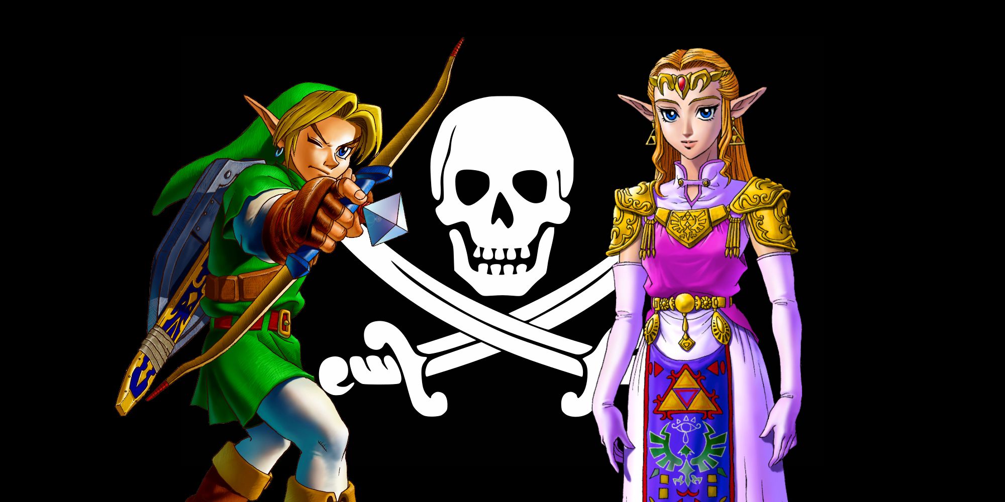 Official artworks of Link and Zelda from Ocarina of Time placed in front of Calico Jack's Jolly Roger pirate flag.