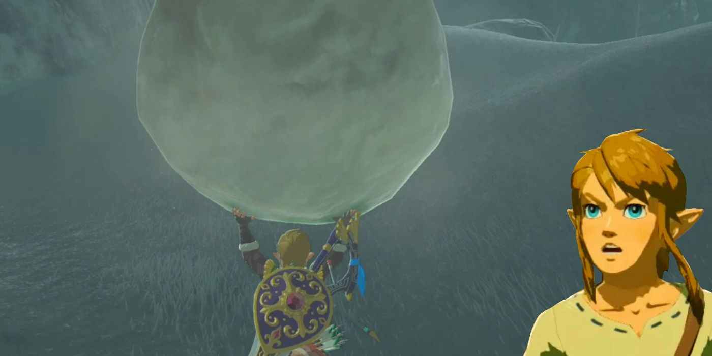 Link holding a large snowball in BOTW with another image on Link looking on in horror next to it