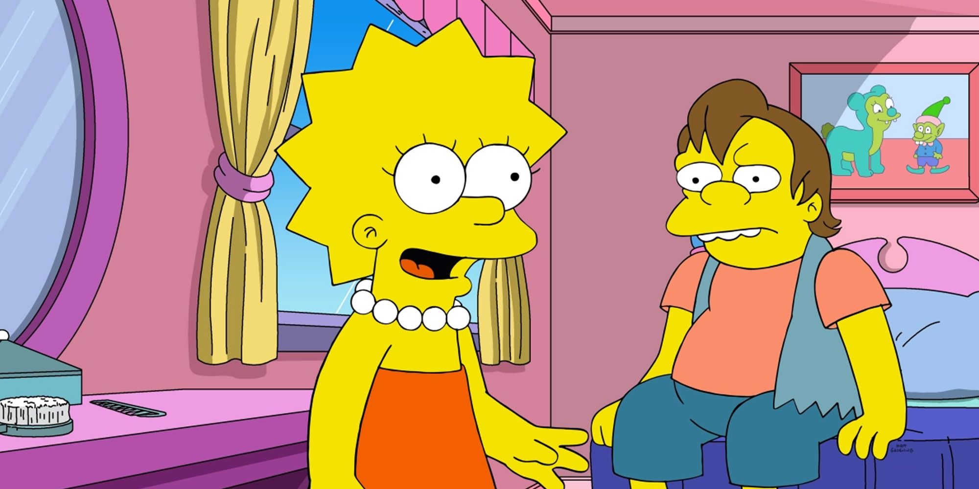 Lisa e Nelson em um quarto em The Simpsons Treehouse of Horror 