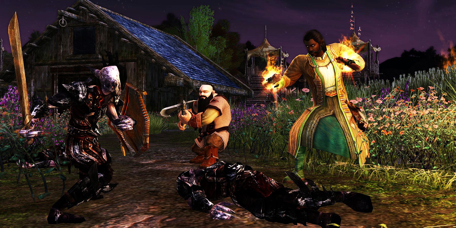 Two players in Lord of the Rings Online - one a Dwarven hero and the other a mage - fight a goblin in a farm-like settlement.