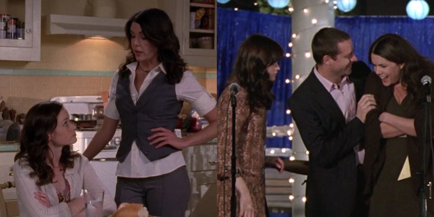Lorelai talking to Rory alongside an image of Rory and Chris pulling Lorelai off a stage in Gilmore Girls. 