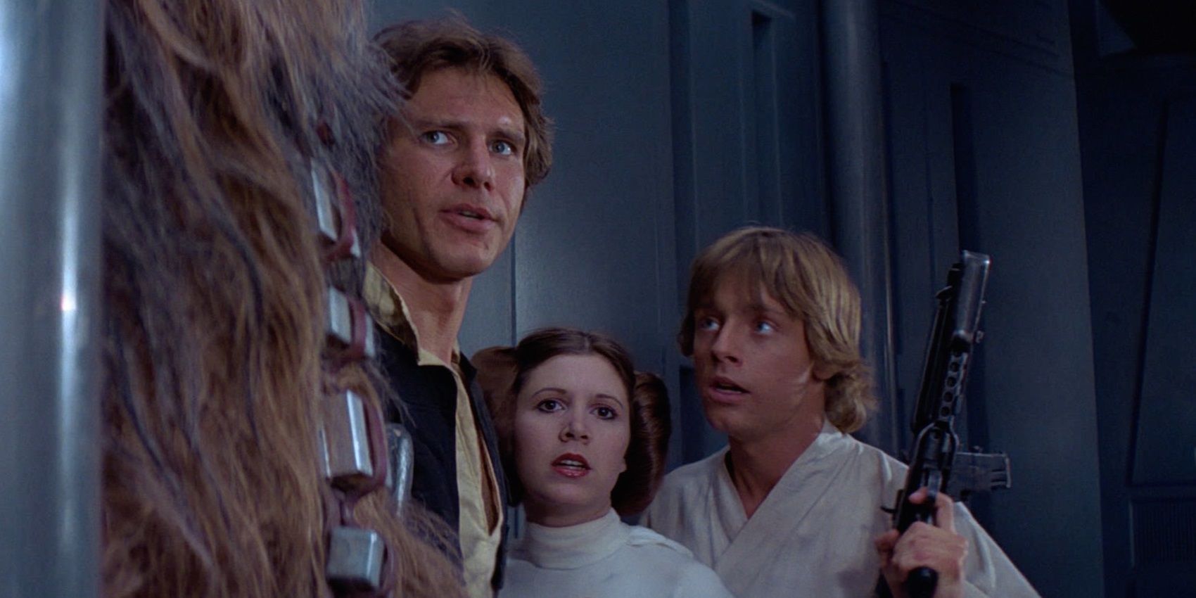 Luke, Han, Leia e Chewie na Estrela da Morte em Star Wars