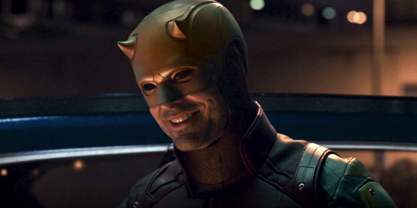 MCU Daredevil in his red and yellow suit smiling in She-Hulk
