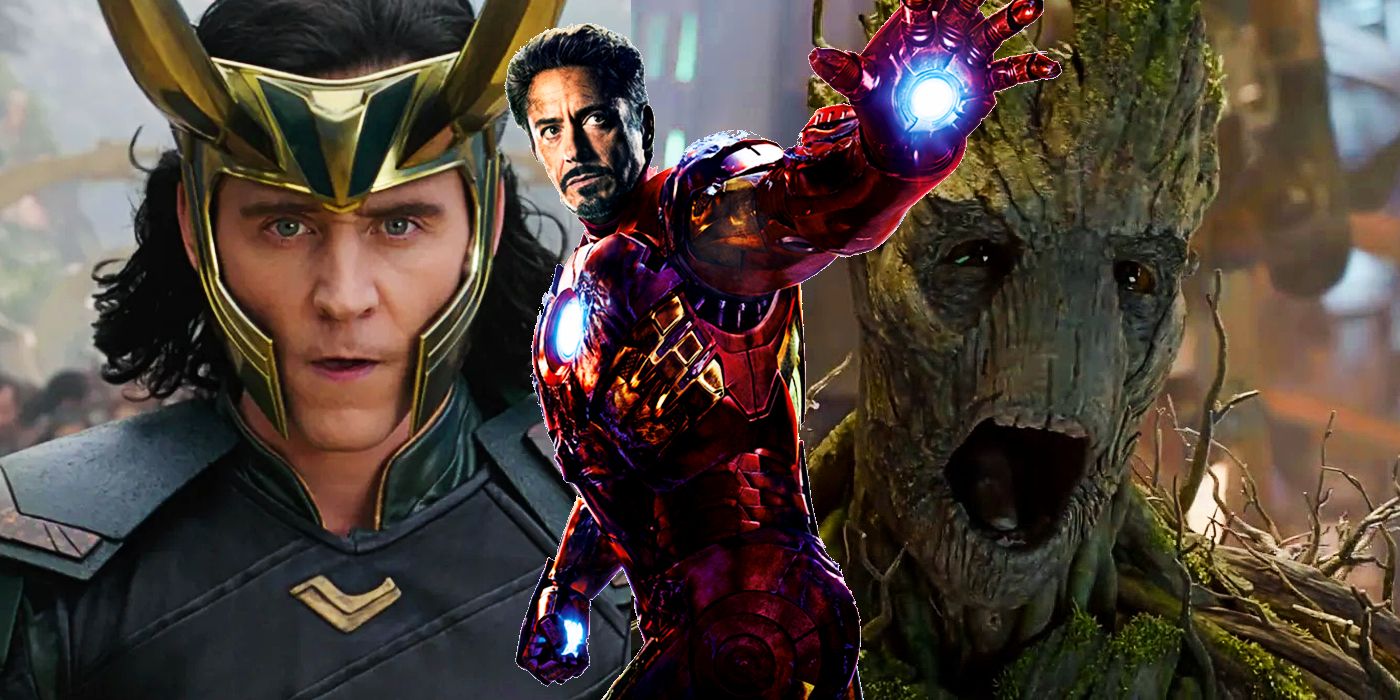 Tom Hiddleston as Loki in Thor: Ragnarok; Robert Downey Jr. as Tony Stark; Groot