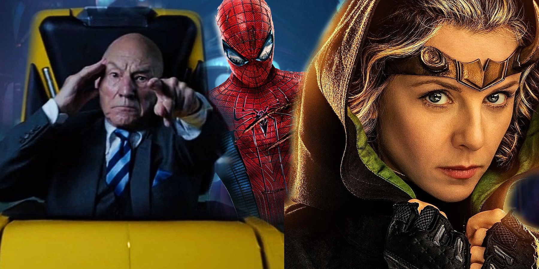 Professor X in Multiverse of Madness, Andrew Garfield Spider-Man hanging upside down, and Sylvie holding her collar