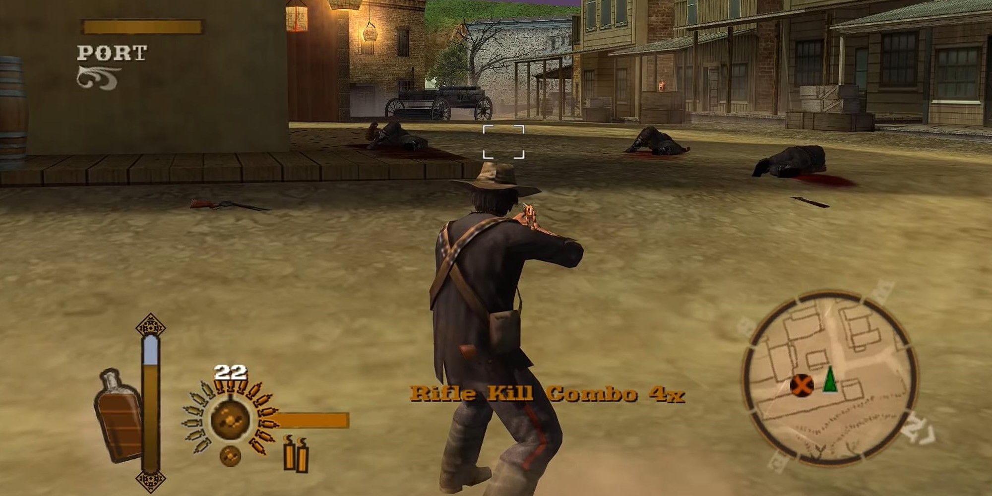Gun's gameplay with HUD displaying a kill combo with a particular weapon as bodies lie on the street of a town.