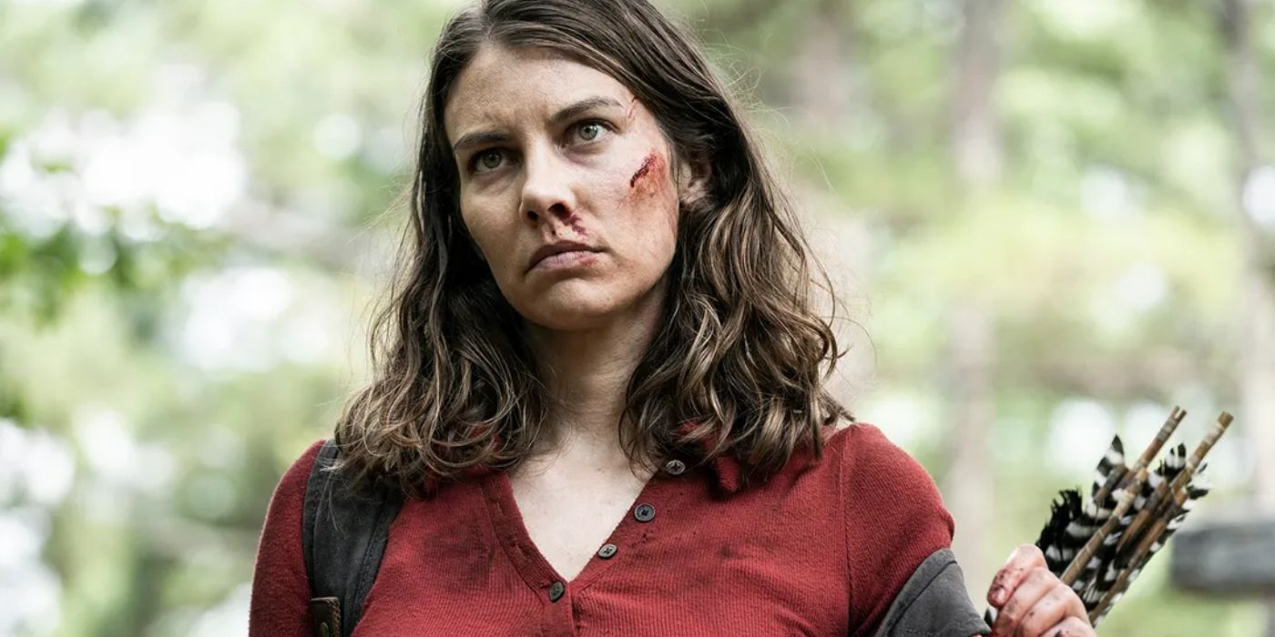 Maggie looking angry with a scratch on her face in The Walking Dead.