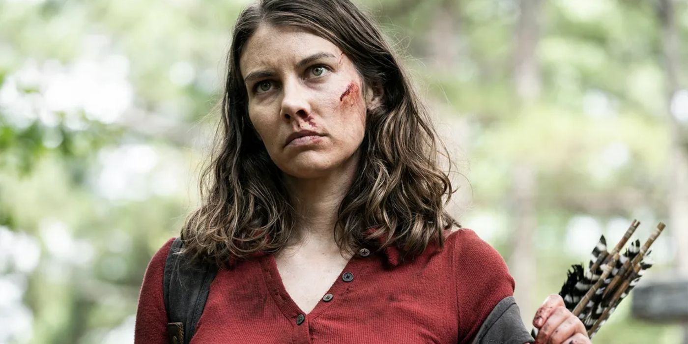 Maggie parecendo brava com um arranhão no rosto em The Walking Dead.