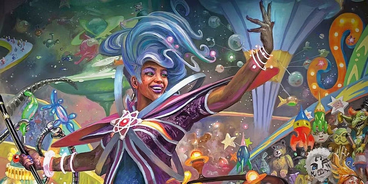 A character from Magic: The Gathering's Unfinity cards standing amid a cavalcade of galactic characters.