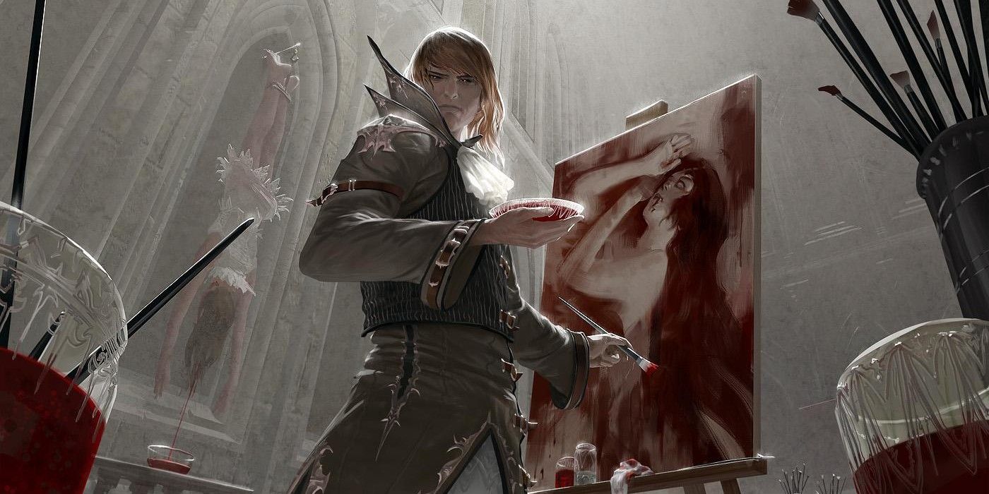 A creepy blond man paints a portrait in blood in the art for a Magic: The Gathering card.