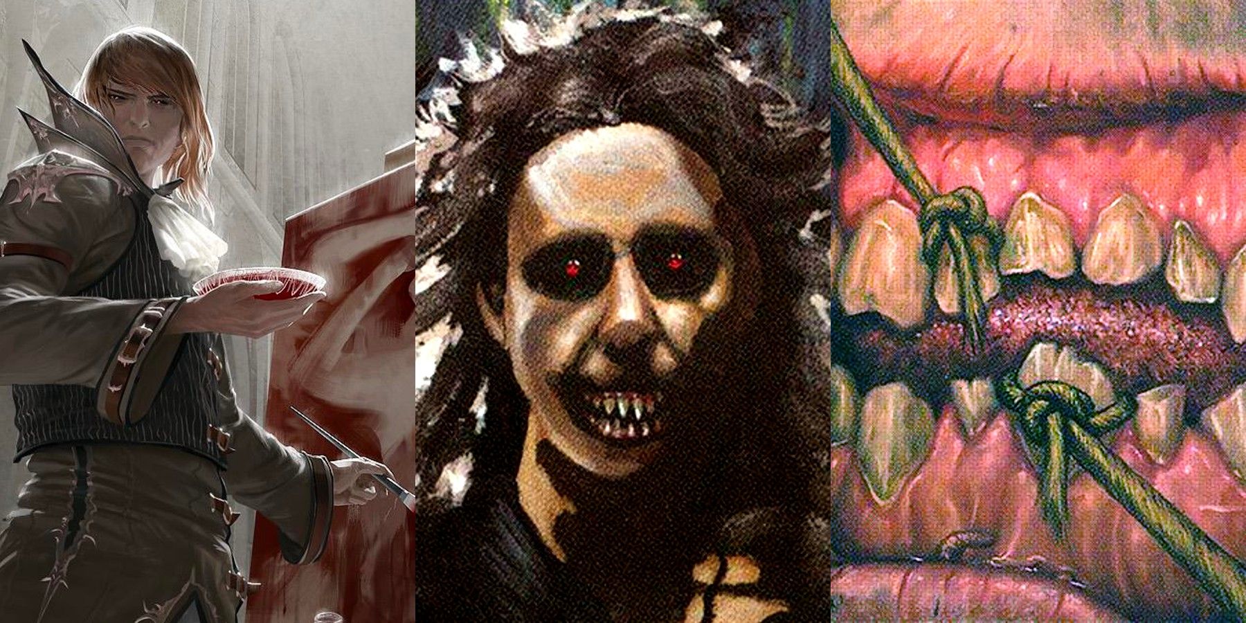 Split image: Art for Magic: The Gathering cards Blood Artist, The Fallen, and Pulling Teeth.