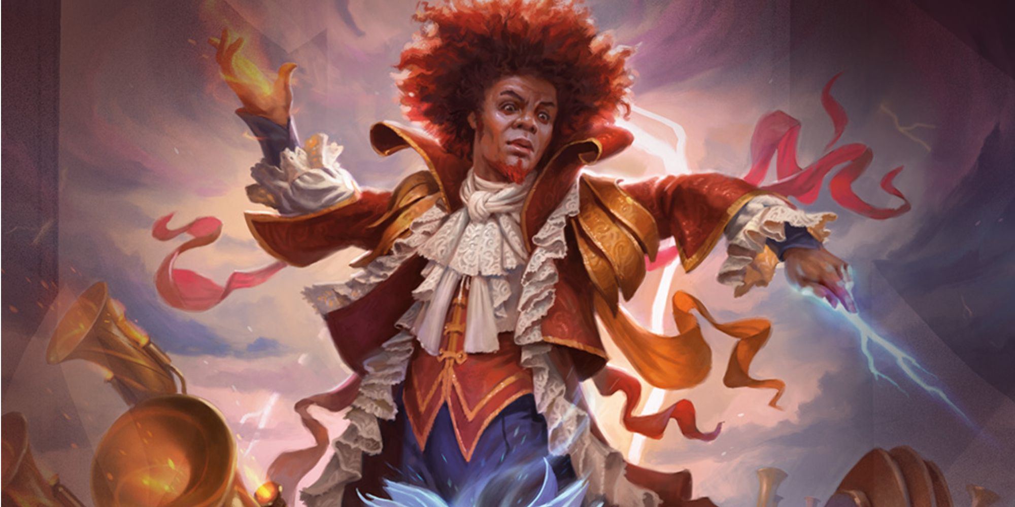 Dungeons & Dragons and MTG Strixhaven promo image with a spellcaster wielding fire and lightning.