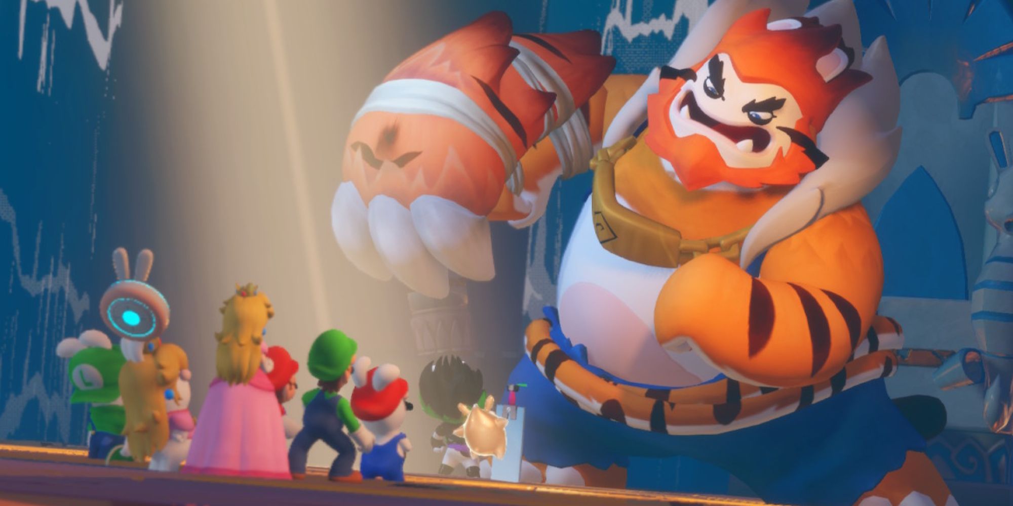Mario + Rabbids Sparks of Hope Team Facing Giant Wildclaw Boss