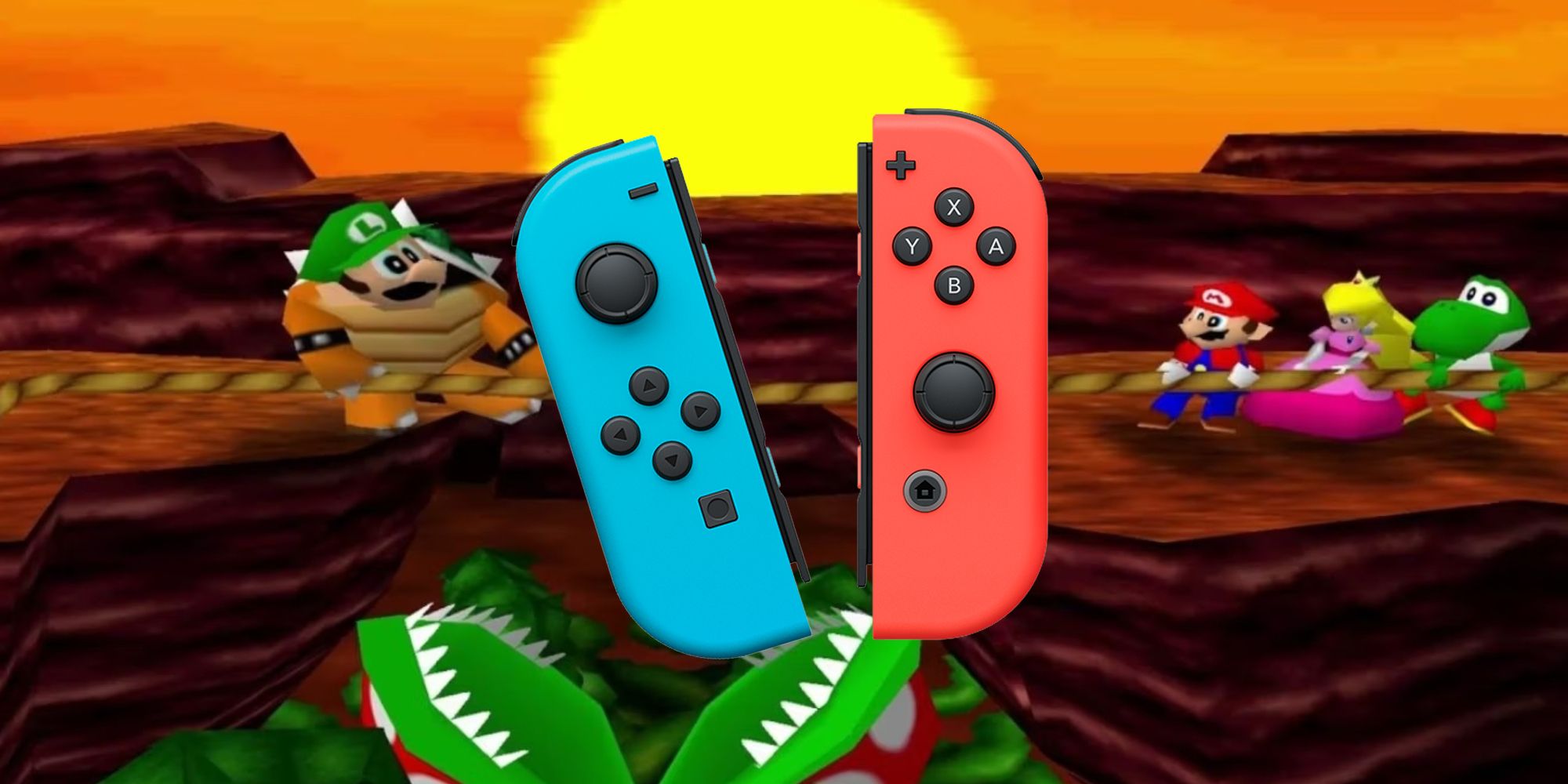 A pair of Nintendo Switch Joy-Cons in front of the Tug 'O War game from Mario Party