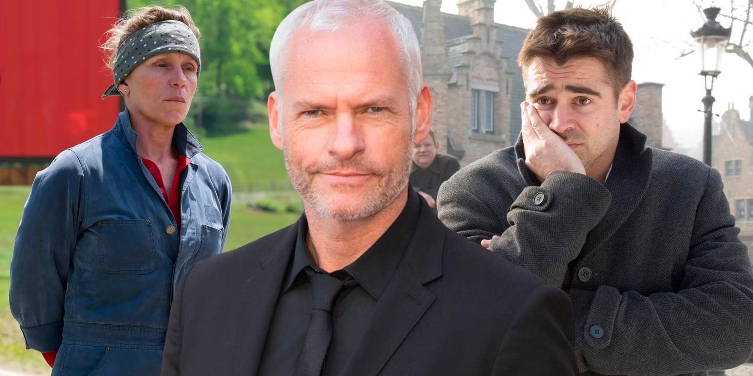 Filmmaker Martin McDonagh in a movies collage with Frances McDormand in Three Billboards and Colin Farrell in In Bruges