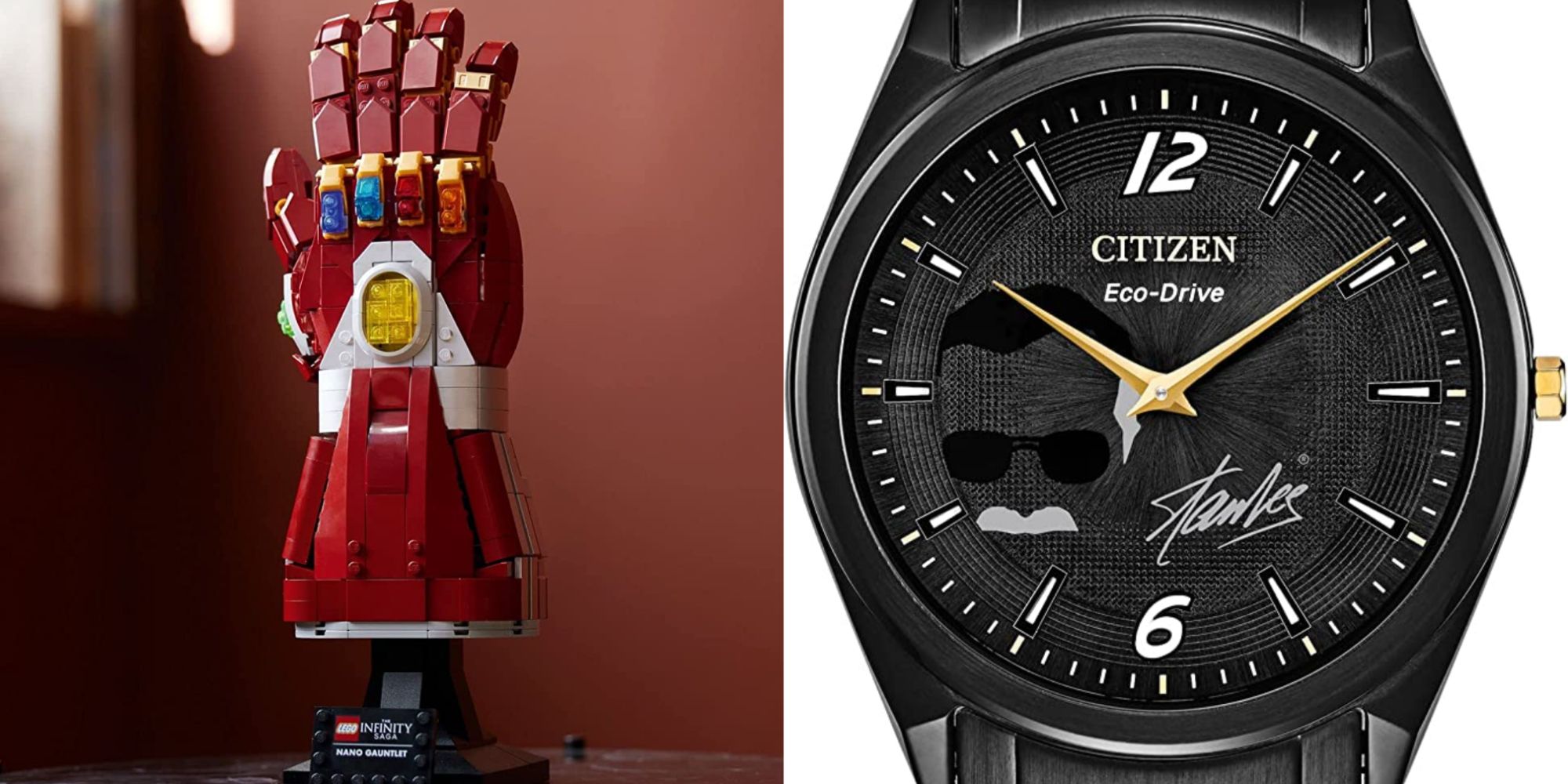 Split image of a LEGO gauntlet and a Stan Lee watch