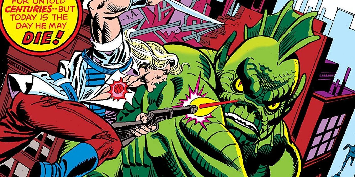 Ulysses Bloodstone fights a giant lizard monster in Marvel Comics.