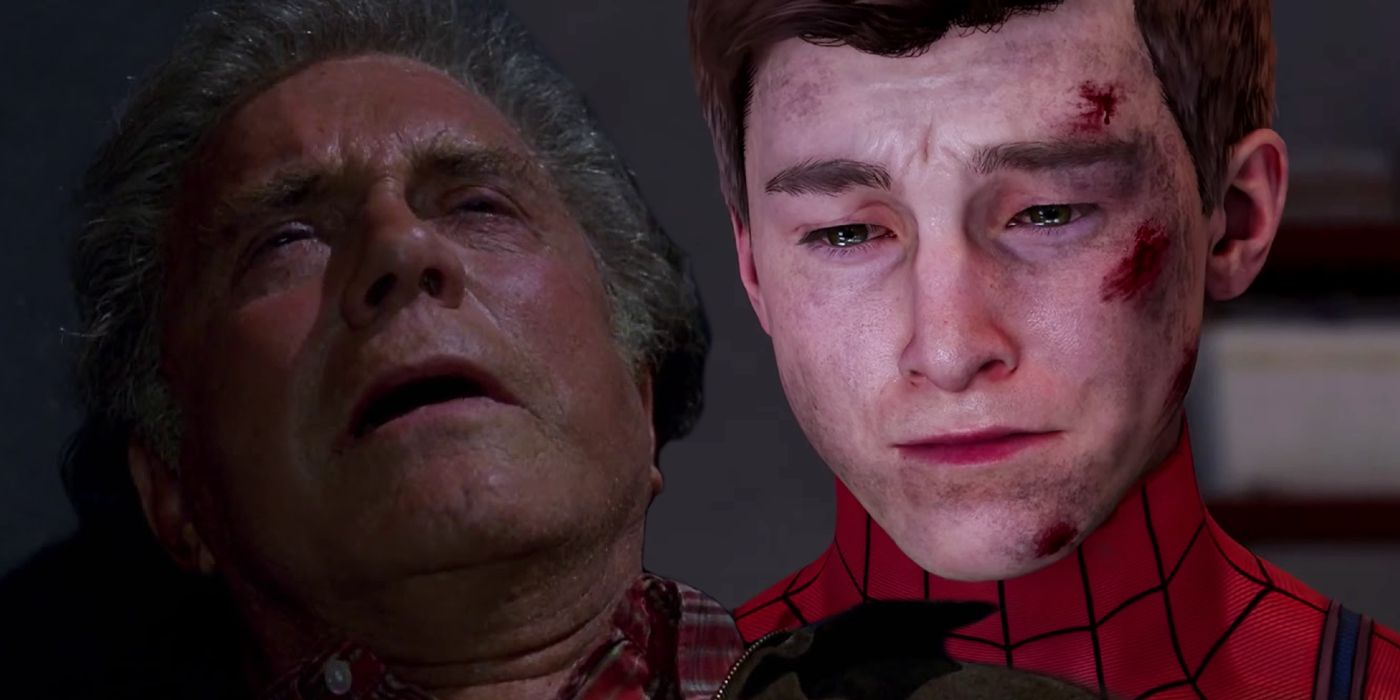 Image of Uncle Ben dying in Spider-Man (2002), with Peter Parker from the Marvel's Spider-Man game looking sad on the right.