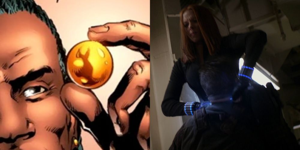 Uma imagem dividida apresenta a esfera de uma mordida de aranha nos quadrinhos da Marvel e a Viúva Negra com suas mordidas de viúva acesas em suas manoplas no MCU