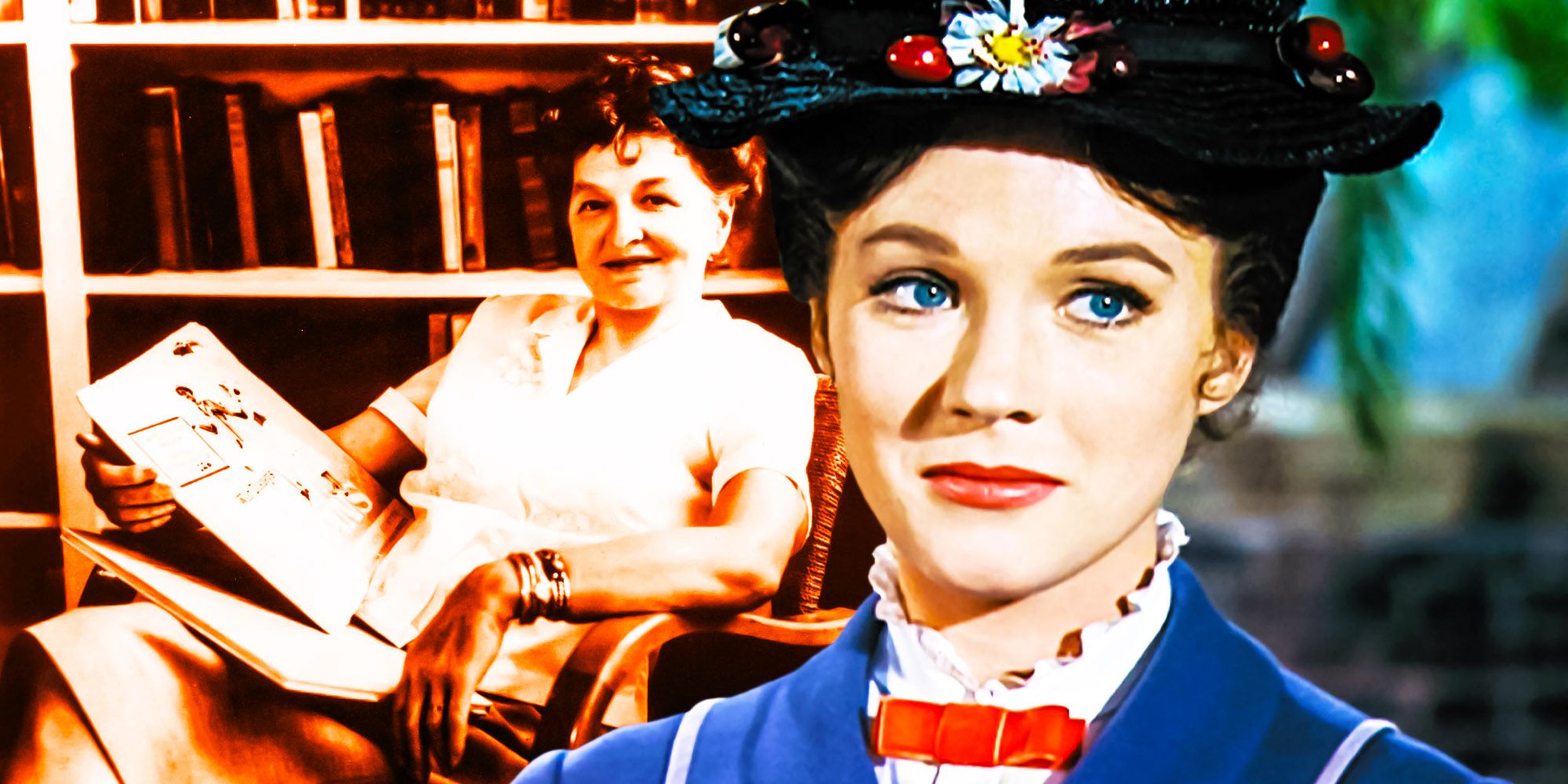 A blended image features writer PL Travers and Julie Andrews as Mary Poppins