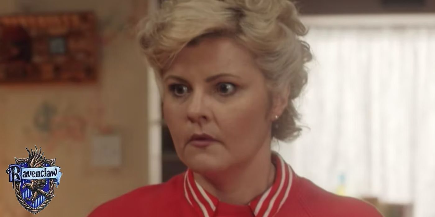 Mary in Derry Girls with a Ravenclaw Hogwarts house crest in the lower left corner