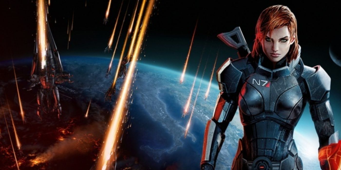 Arte promocional de Mass Effect 3 com o Comandante Shepard e naves descendo na Terra em segundo plano.