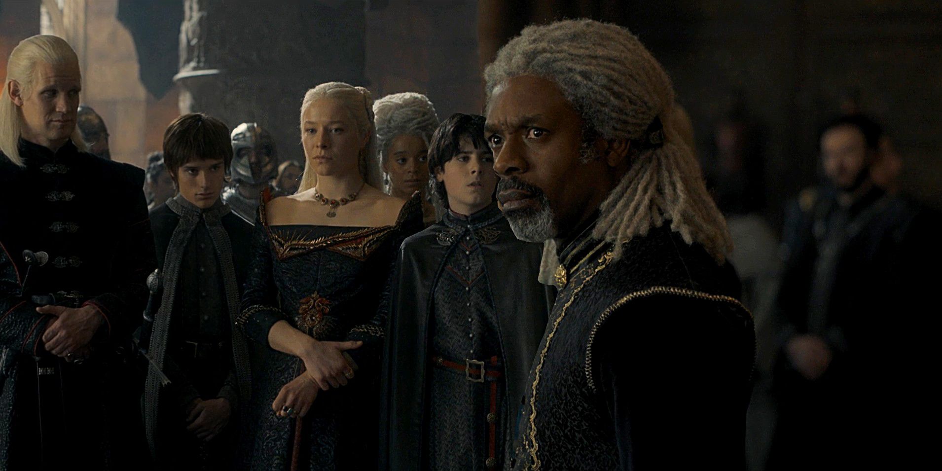 Matt Smith as Daemon Targaryen, Harry Collett as Jace Velaryon, Emma D'Arcy as Rhaenyra Targaryen,  Elliot Grihault as Luke Velaryon, and Wil Johnson  as Vaemond Velaryon in House of the Dragon episode 8.