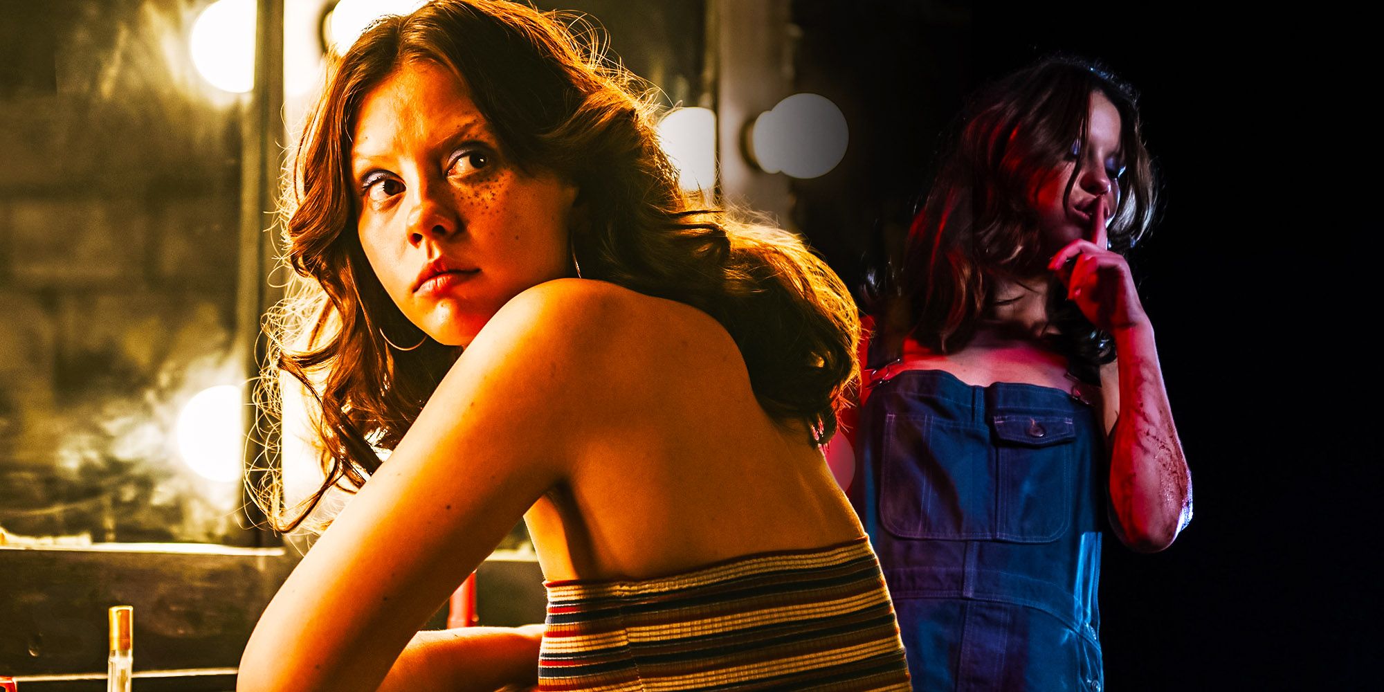 A composite image of Mia Goth as Maxine sitting at a mirror and shushing a person on the ground in X