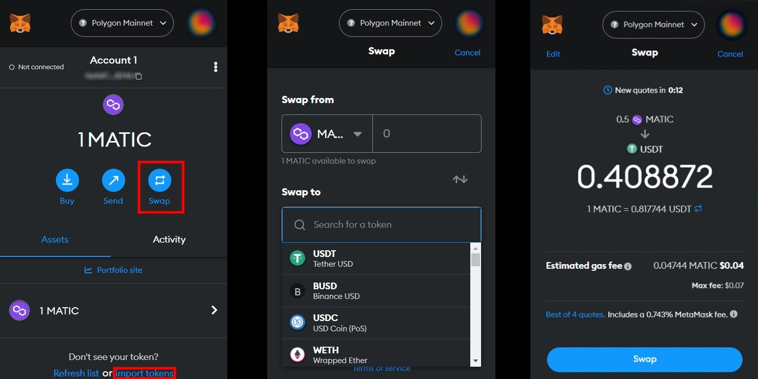 Metamask interface with main page on left, token swap interface in center, and swap confirmation on right